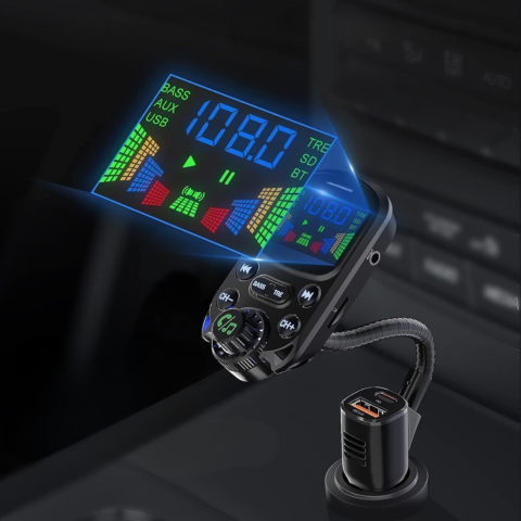 Wielofunkcyjny nadajnik FM do samochodu — Muzyka i asystent głosowy 